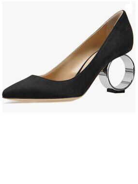 FSJ Black Pointed Toe Circle High Heel Pumps Slip On Unique Round Ring Heel Shoe